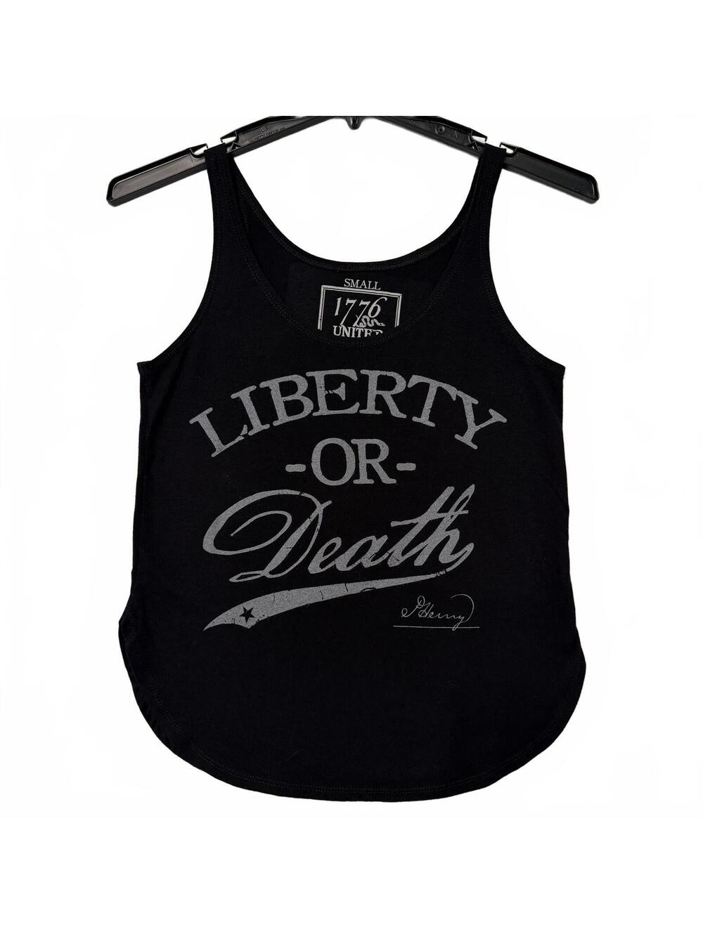 1776 United Liberty or Death Black Women's SMALL Tank Top Drop Hem Curved